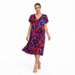 Mor Desenli V Yaka Rahat Kesim Kadın Elbise