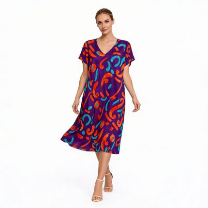 Mor Desenli V Yaka Rahat Kesim Kadın Elbise